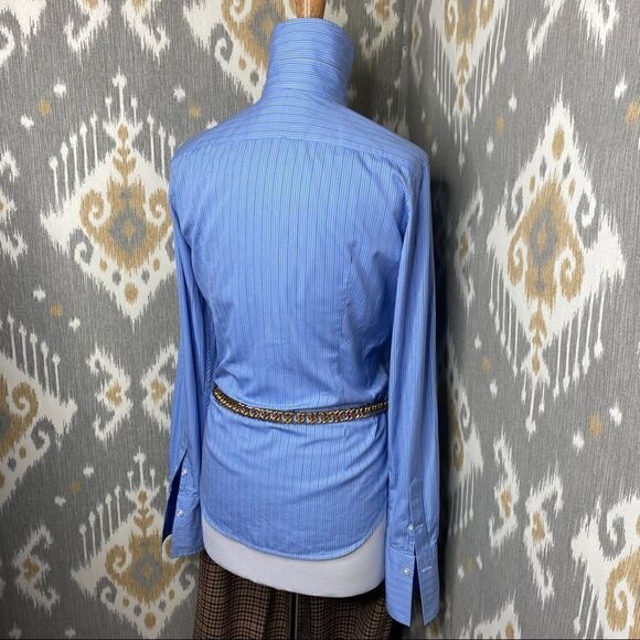 Ralph Lauren Triple Ruffle Blue Pin Stripe Cotton Stretch Jabot Blouse - Picture 16 of 16